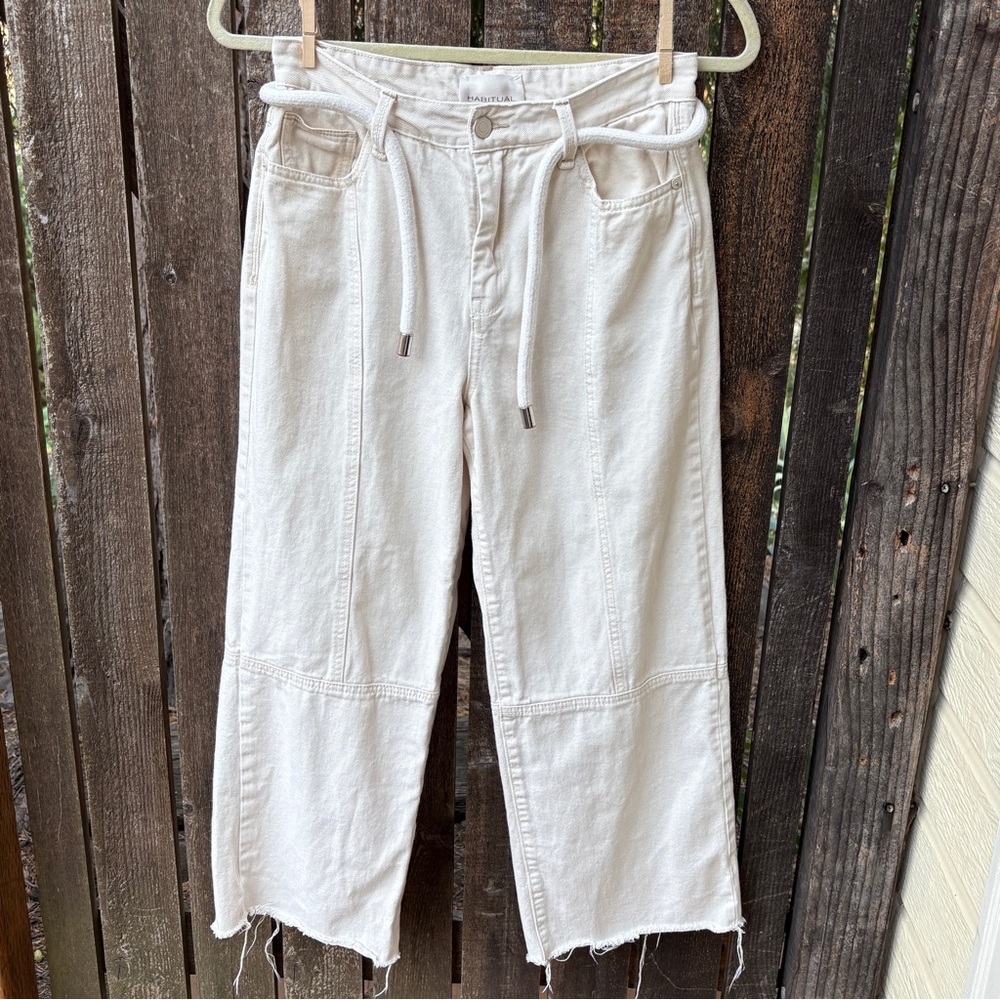 Habitual Wm’s 100% Cotton Wide-Leg Raw Edge Hem Crop Pant In Natural Sz 27